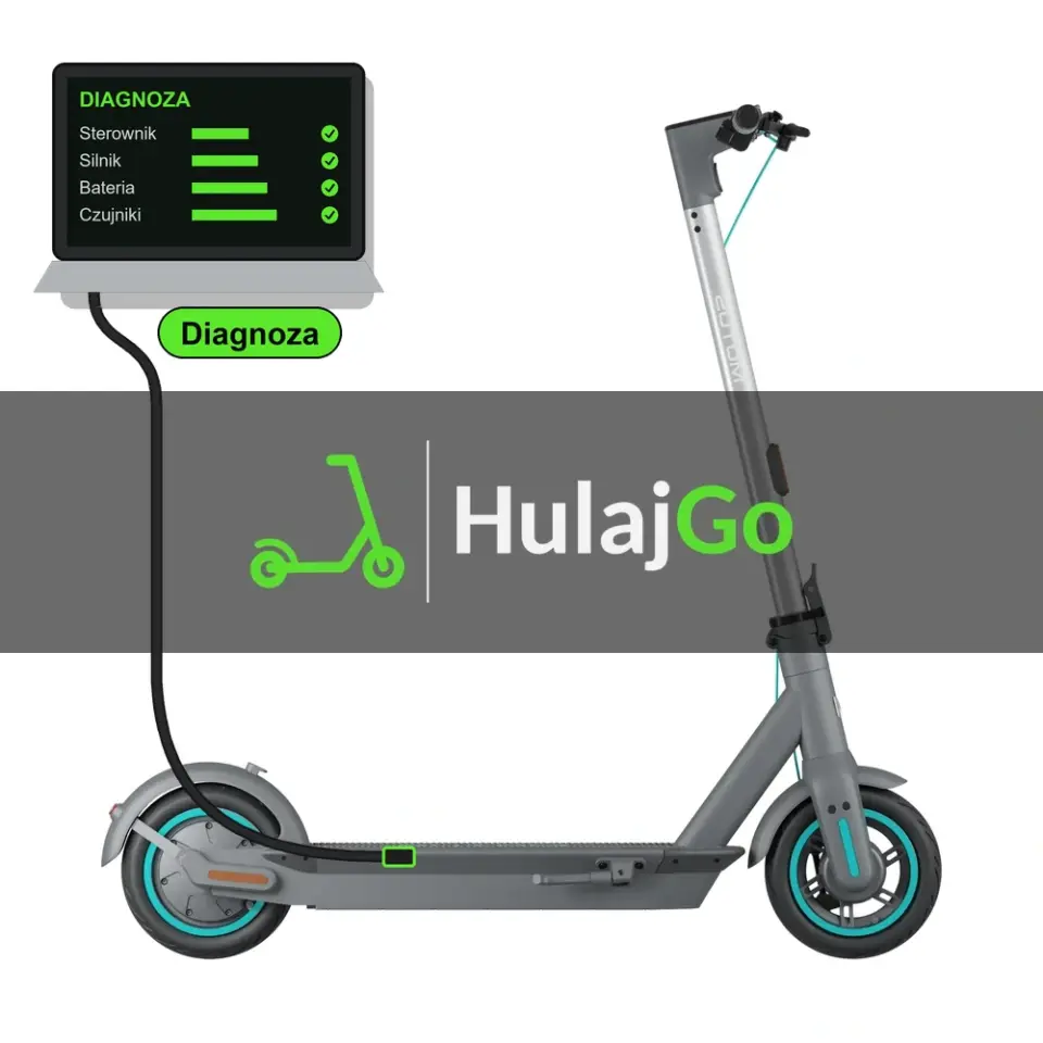 Motus Scooty 10 - laptop diagnostyczny podłączony przewodem do hulajnogi (diagnoza)