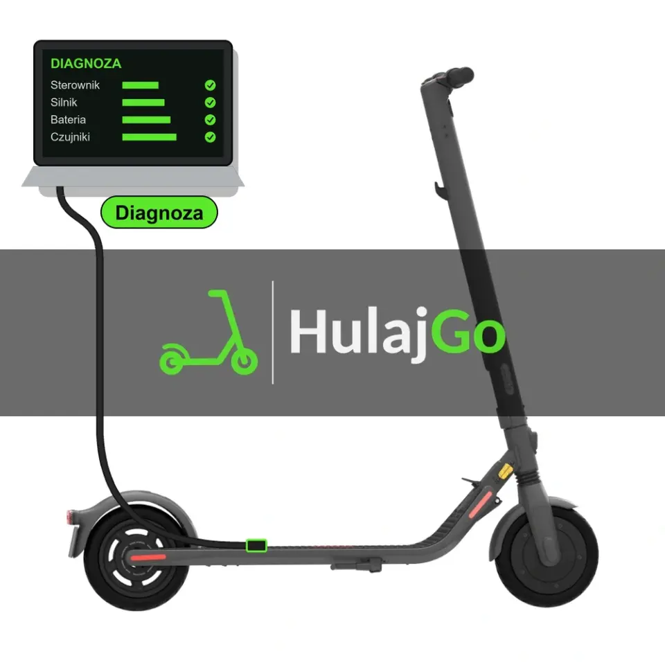 Segway E25 - laptop diagnostyczny podłączony przewodem do hulajnogi (diagnoza)