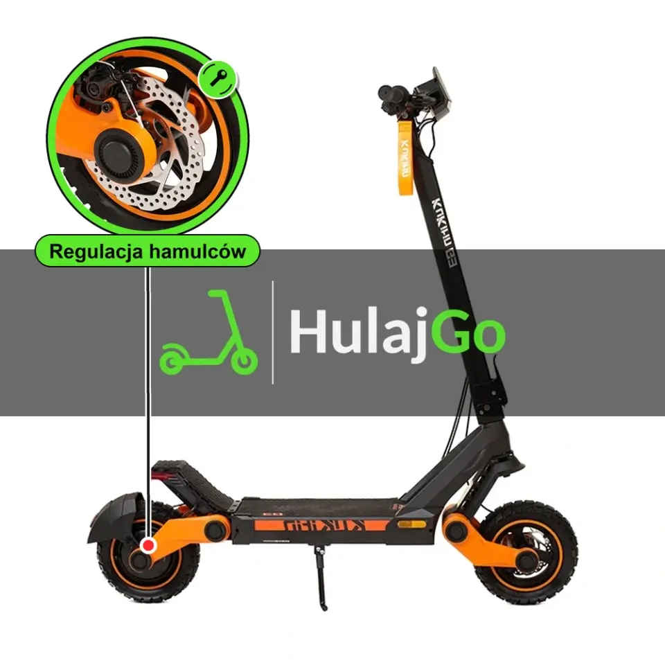 Kukirin G3 - w powiększeniu hamulec tarczowy (regulacja hamulców)