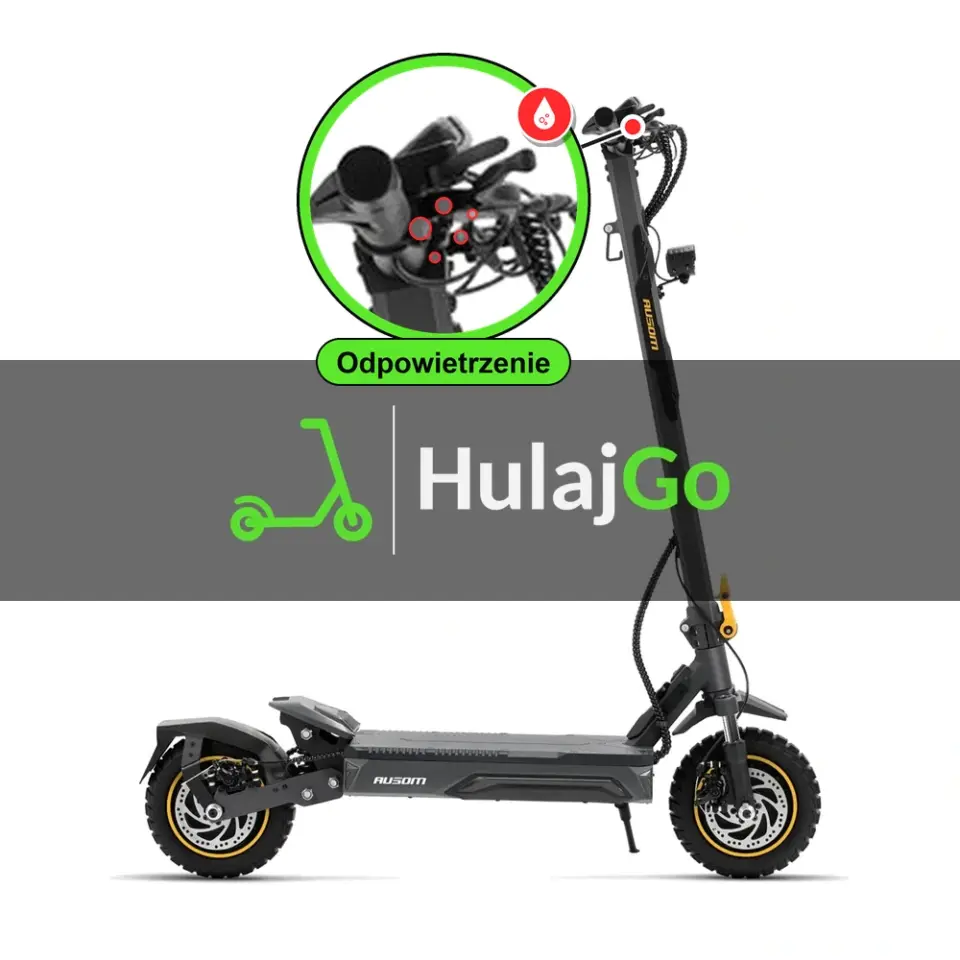Ausom K20 Pro Dual Motor - w powiększeniu klamka hamulca hydraulicznego (odpowietrzenie hamulców hydraulicznych)