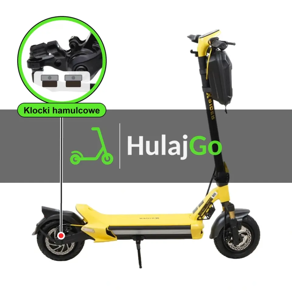 X-Rider MX10 Max - w powiększeniu zacisk z klockami hamulcowymi (wymiana klocków hamulcowych)