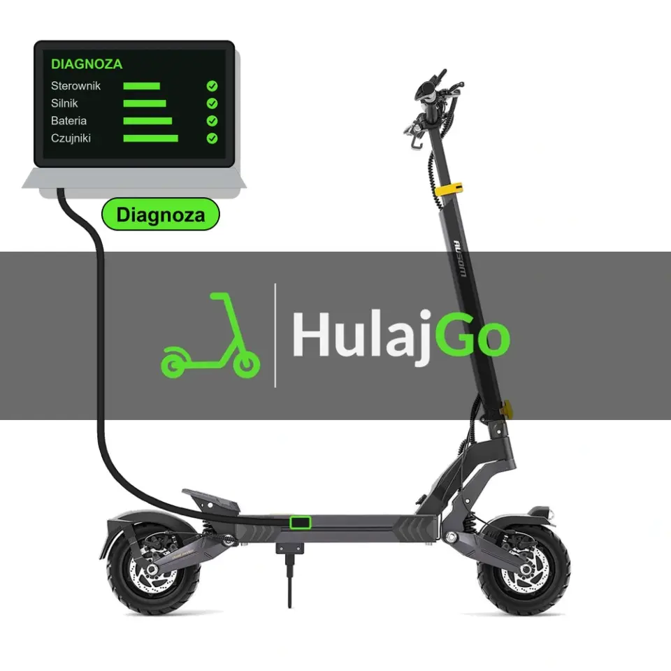 Ausom L2 Dual Motor - laptop diagnostyczny podłączony przewodem do hulajnogi (diagnoza)