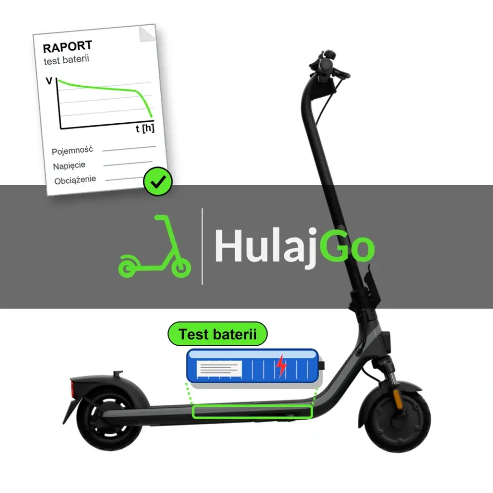 Segway E2 Plus - niebieska bateria i papierowy raport z krzywą rozładowania (test baterii)