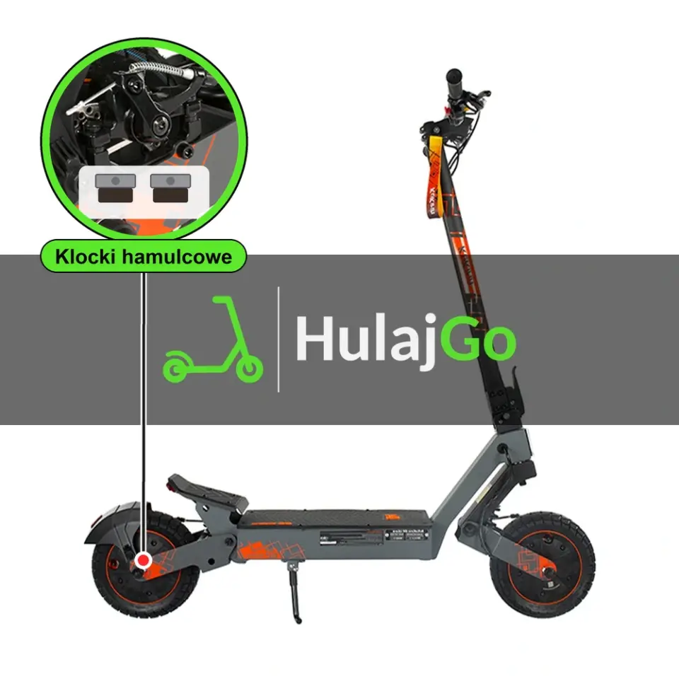 Kukirin G2 Ultra - w powiększeniu zacisk z klockami hamulcowymi (wymiana klocków hamulcowych)