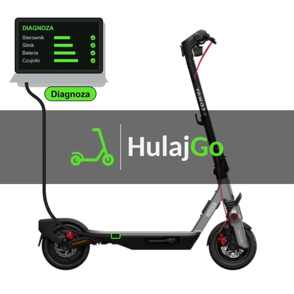 Segway F3 Pro - laptop diagnostyczny podłączony przewodem do hulajnogi (diagnoza)