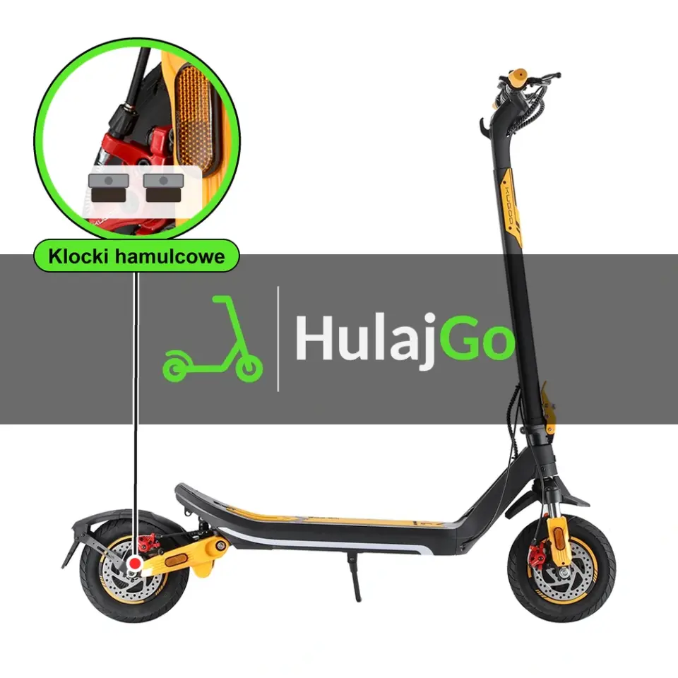 Kugoo M3 Pro - w powiększeniu zacisk z klockami hamulcowymi (wymiana klocków hamulcowych)