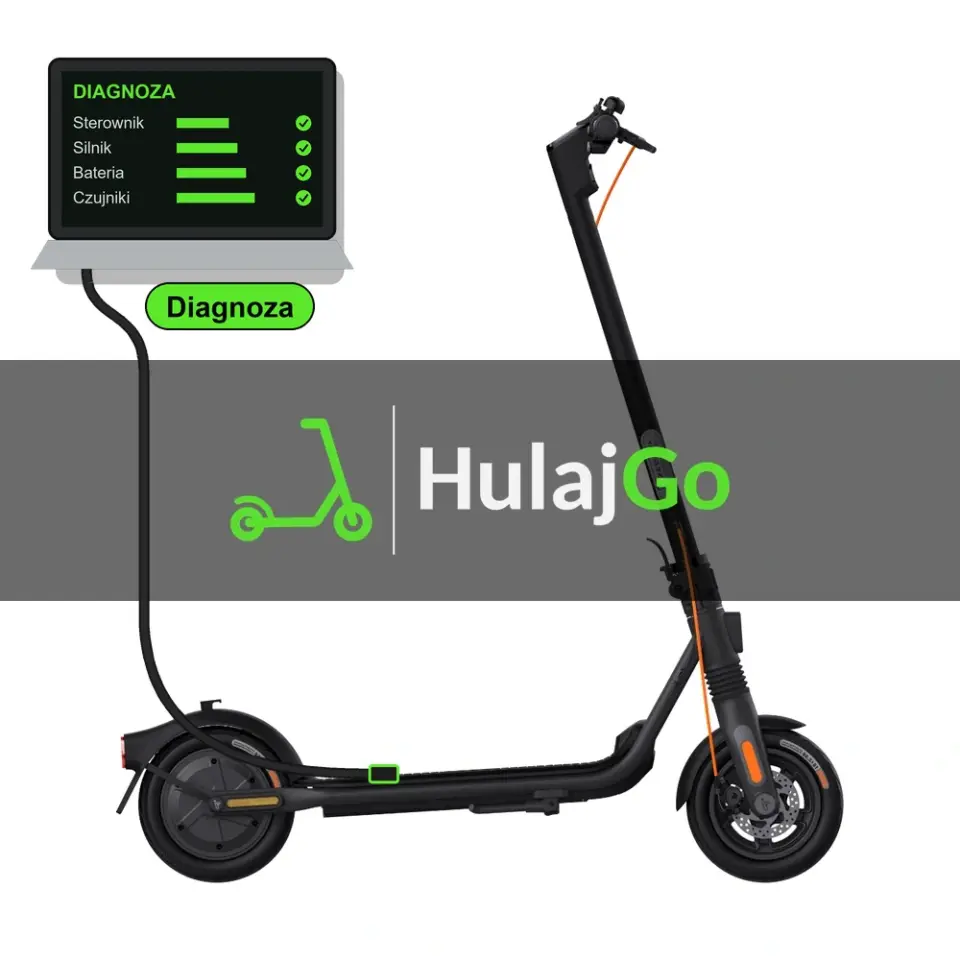 Segway F2 Pro - laptop diagnostyczny podłączony przewodem do hulajnogi (diagnoza)