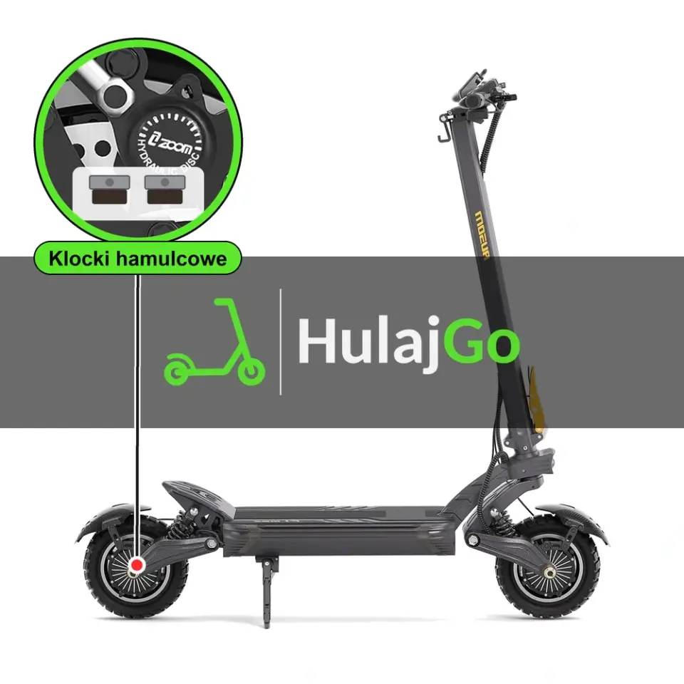 Ausom F1 Max - w powiększeniu zacisk z klockami hamulcowymi (wymiana klocków hamulcowych)