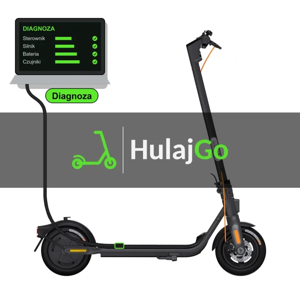 Segway F2 Plus - laptop diagnostyczny podłączony przewodem do hulajnogi (diagnoza)