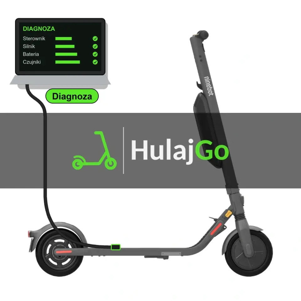 Segway E45 - laptop diagnostyczny podłączony przewodem do hulajnogi (diagnoza)