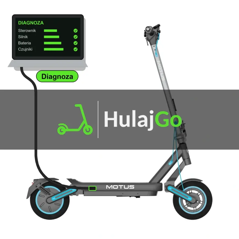 Motus Scooty 10 Max - laptop diagnostyczny podłączony przewodem do hulajnogi (diagnoza)