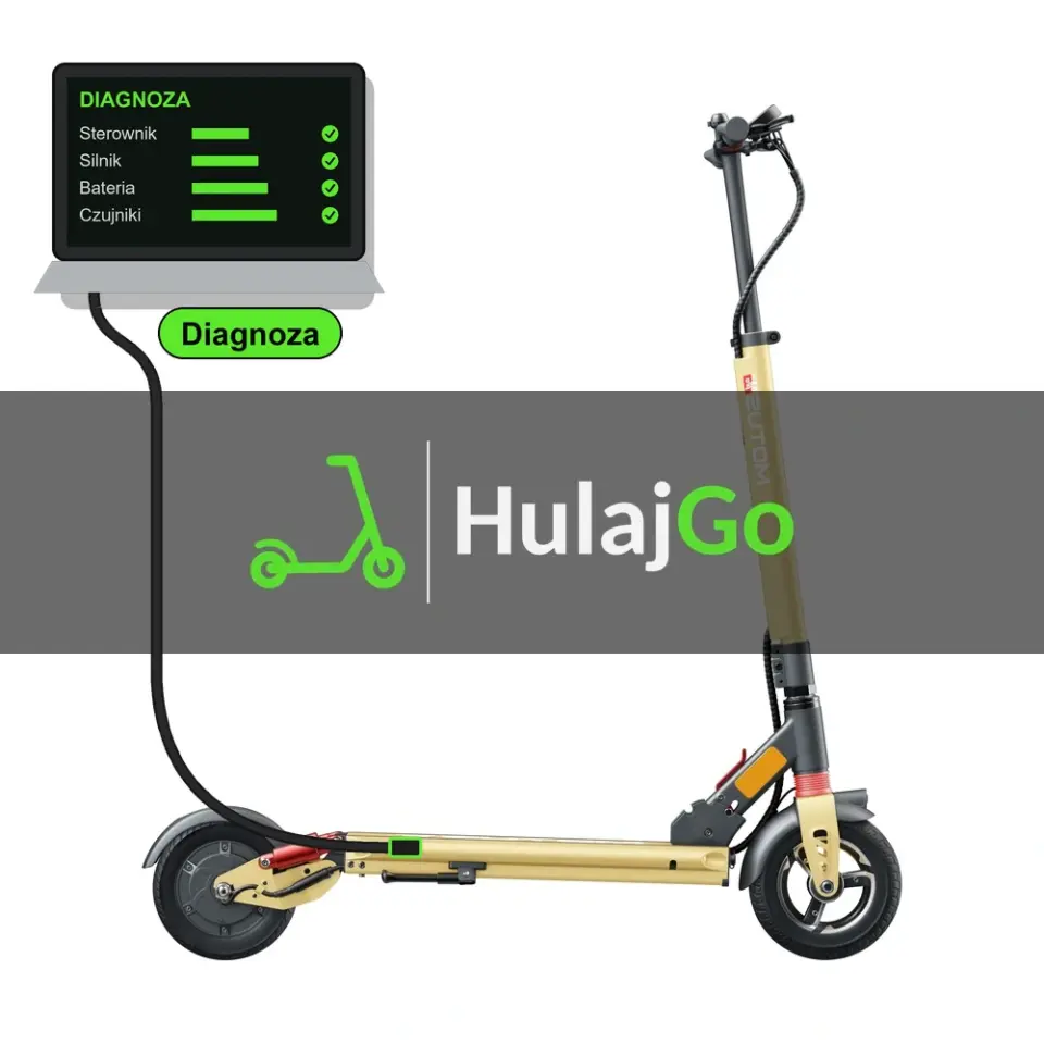 Motus Bella Ride - laptop diagnostyczny podłączony przewodem do hulajnogi (diagnoza)