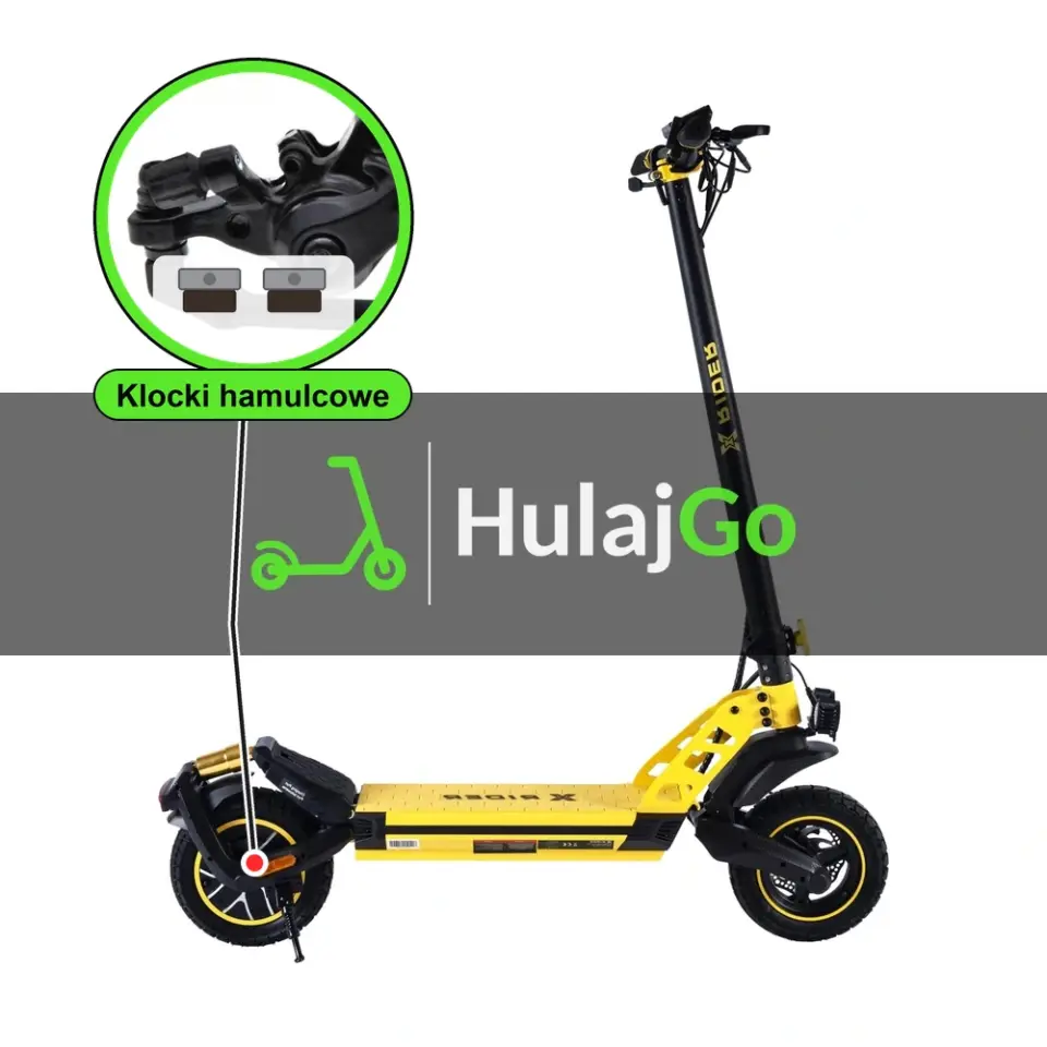 X-Rider F10 - w powiększeniu zacisk z klockami hamulcowymi (wymiana klocków hamulcowych)