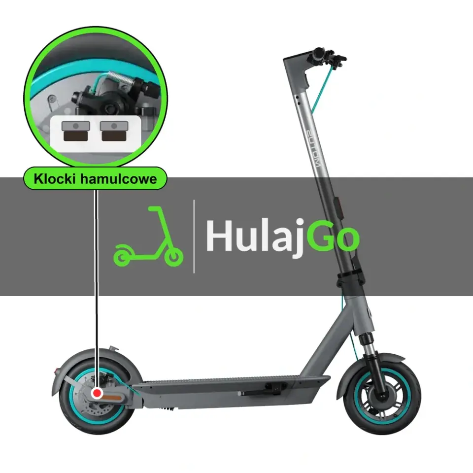 Motus Scooty 10 Plus - w powiększeniu zacisk z klockami hamulcowymi (wymiana klocków hamulcowych)