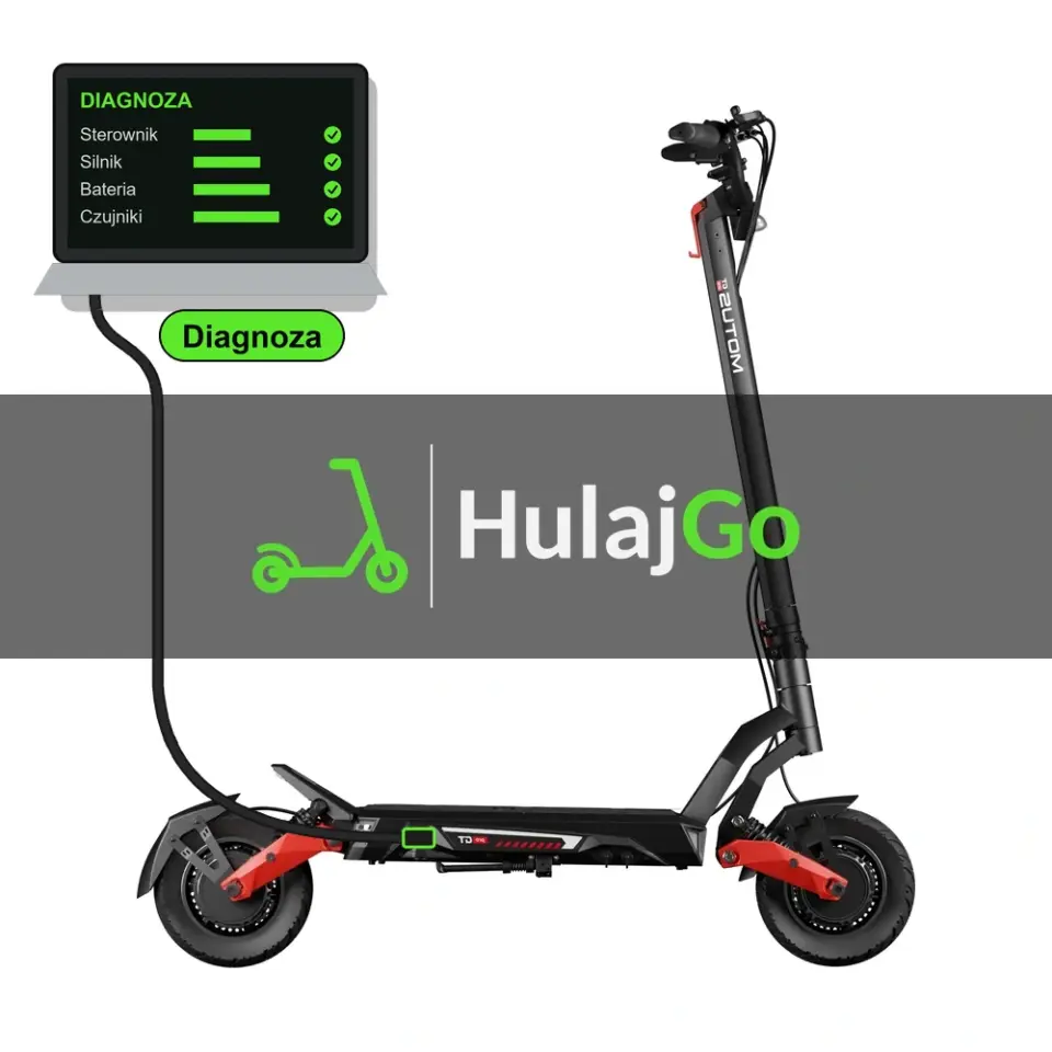 Motus Pro 10 GT - laptop diagnostyczny podłączony przewodem do hulajnogi (diagnoza)