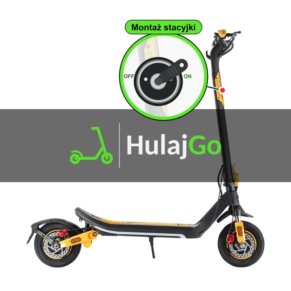 Kugoo M3 Pro - w powiększeniu stacyjka z kluczykiem na kolumnie kierownicy (montaż stacyjki)