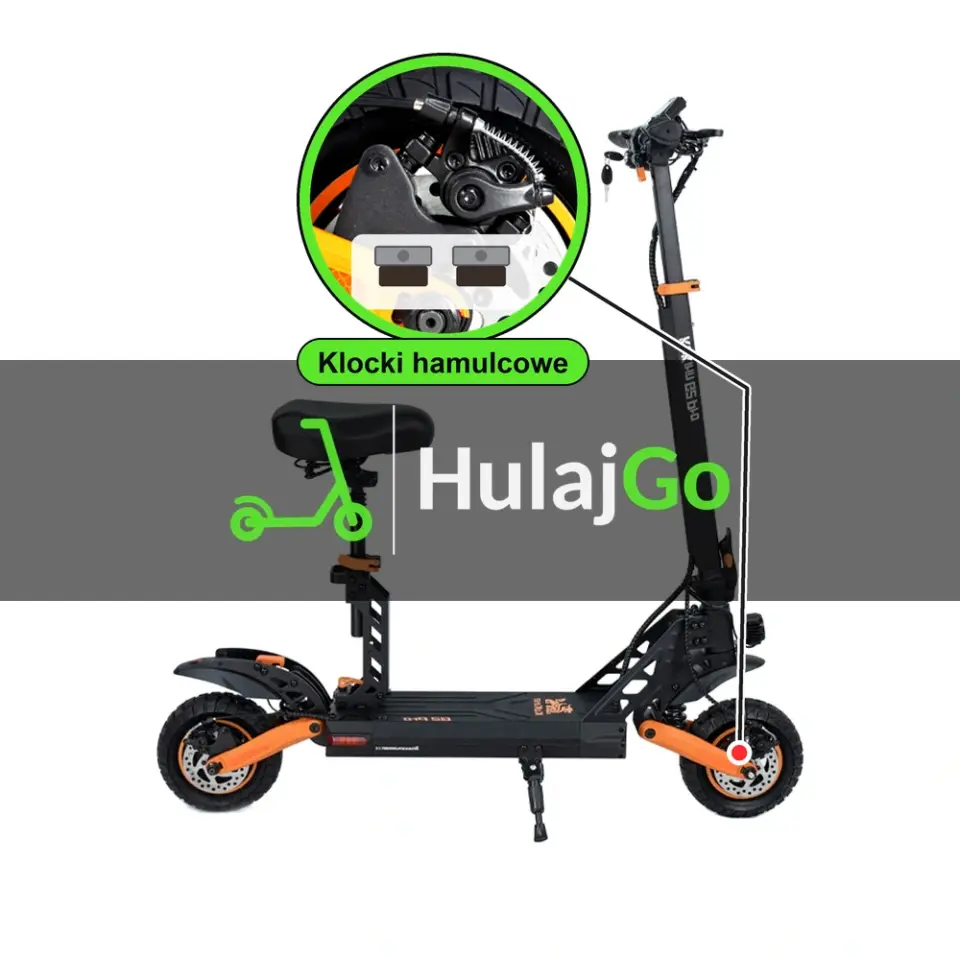 Kukirin G2 Pro - w powiększeniu zacisk z klockami hamulcowymi (wymiana klocków hamulcowych)