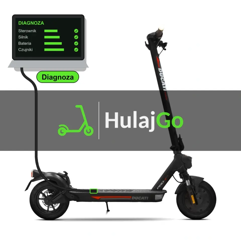 Ducati Pro-II Evo - laptop diagnostyczny podłączony przewodem do hulajnogi (diagnoza)