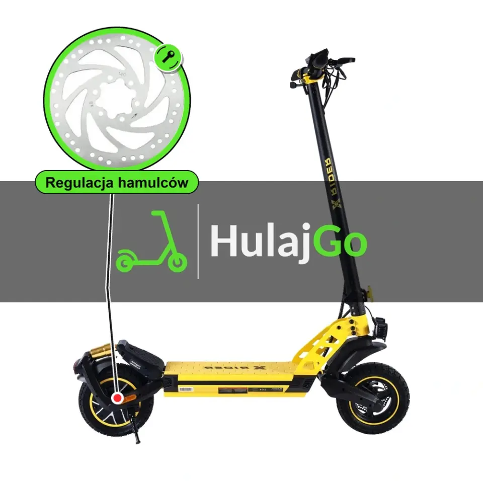 X-Rider F10 - w powiększeniu hamulec tarczowy (regulacja hamulców)
