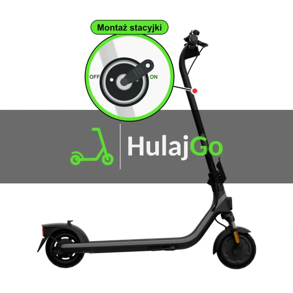 Segway E2 Plus - w powiększeniu stacyjka z kluczykiem na kolumnie kierownicy (montaż stacyjki)