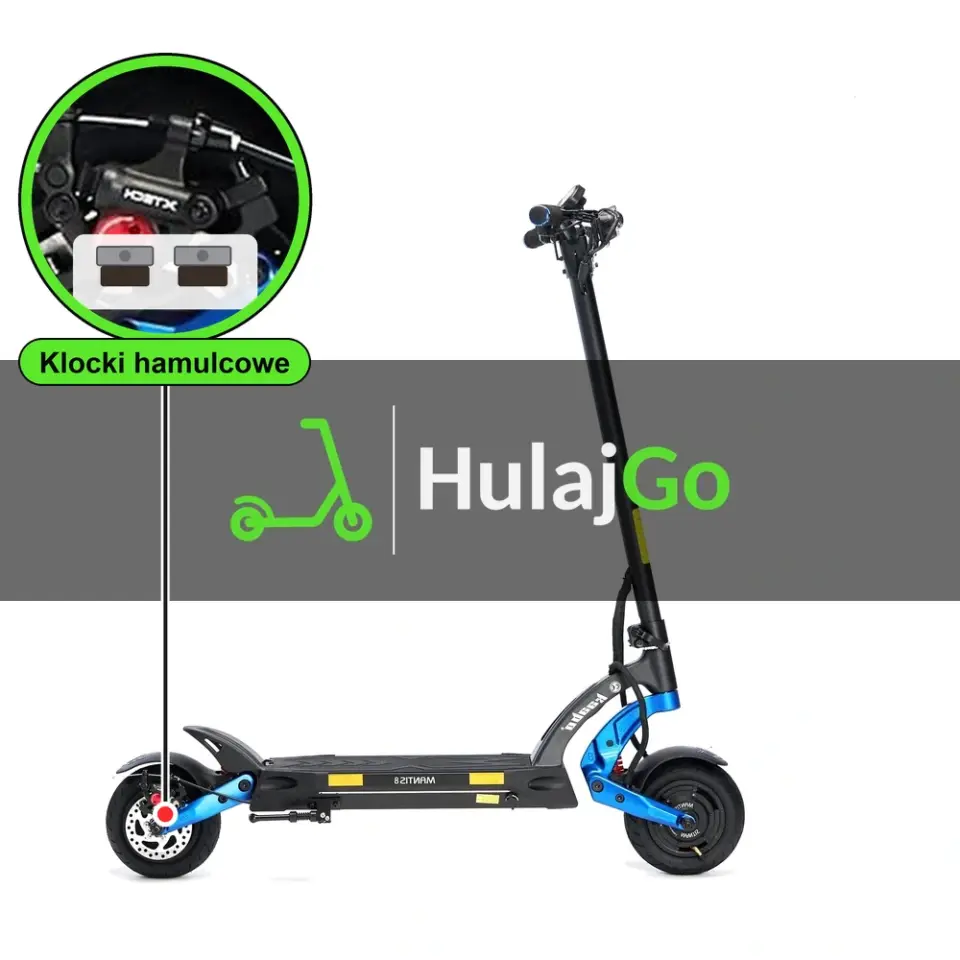 Kaabo Mantis 8 Plus - w powiększeniu zacisk z klockami hamulcowymi (wymiana klocków hamulcowych)
