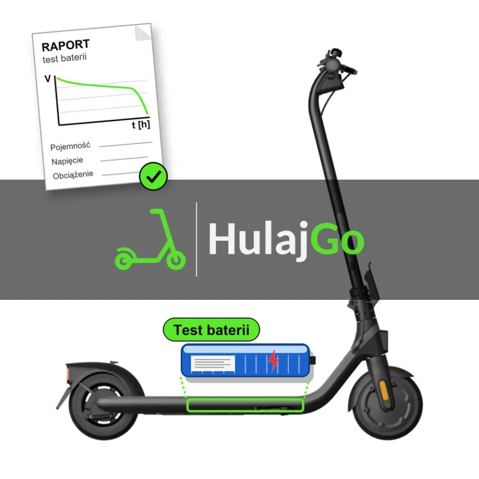 Segway E2 - niebieska bateria i papierowy raport z krzywą rozładowania (test baterii)