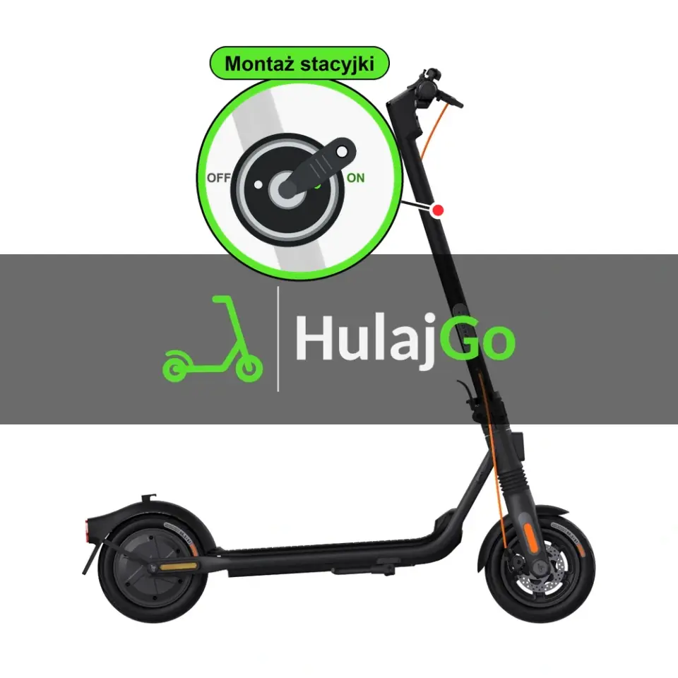 Segway F2 Pro - w powiększeniu stacyjka z kluczykiem na kolumnie kierownicy (montaż stacyjki)