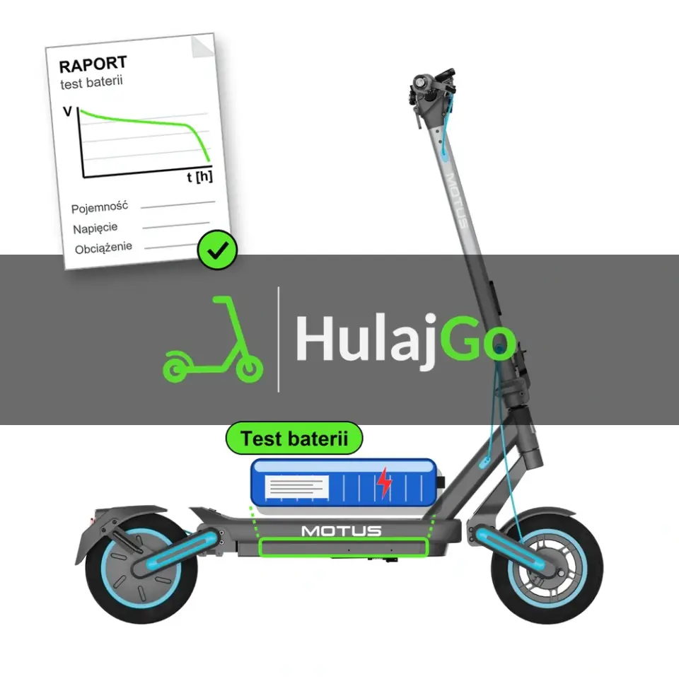 Motus Scooty 10 Max - niebieska bateria i papierowy raport z krzywą rozładowania (test baterii)