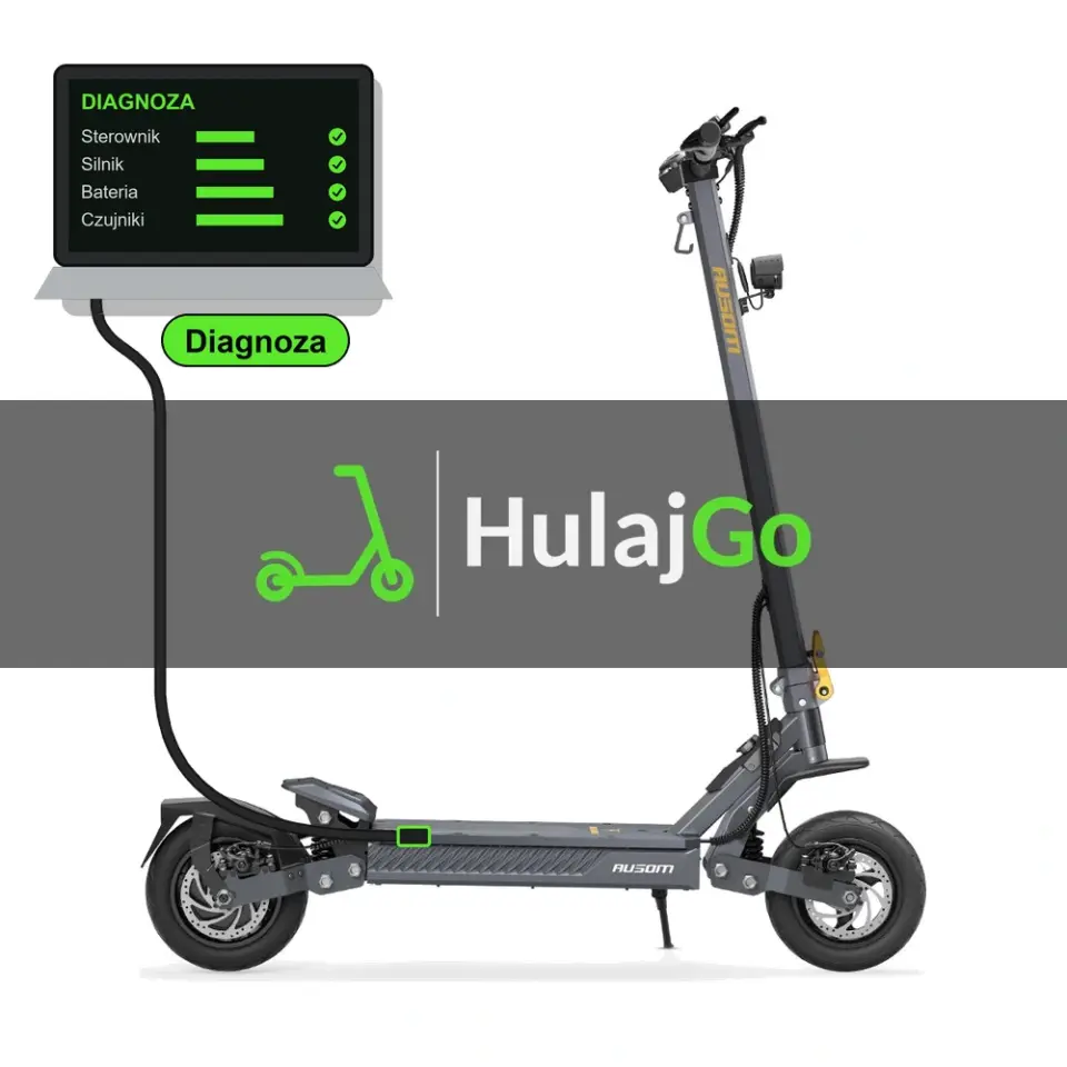 Ausom Gosoul 2 - laptop diagnostyczny podłączony przewodem do hulajnogi (diagnoza)