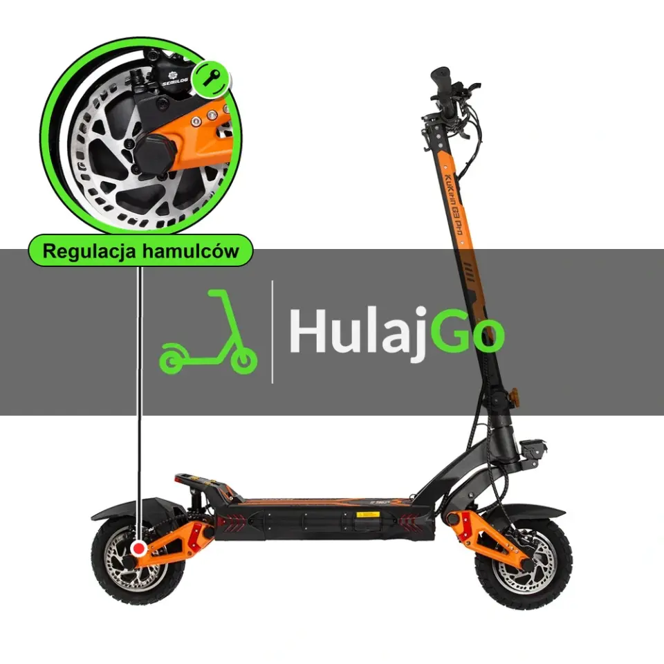 Kugoo Kirin G3 Pro - w powiększeniu hamulec tarczowy (regulacja hamulców)