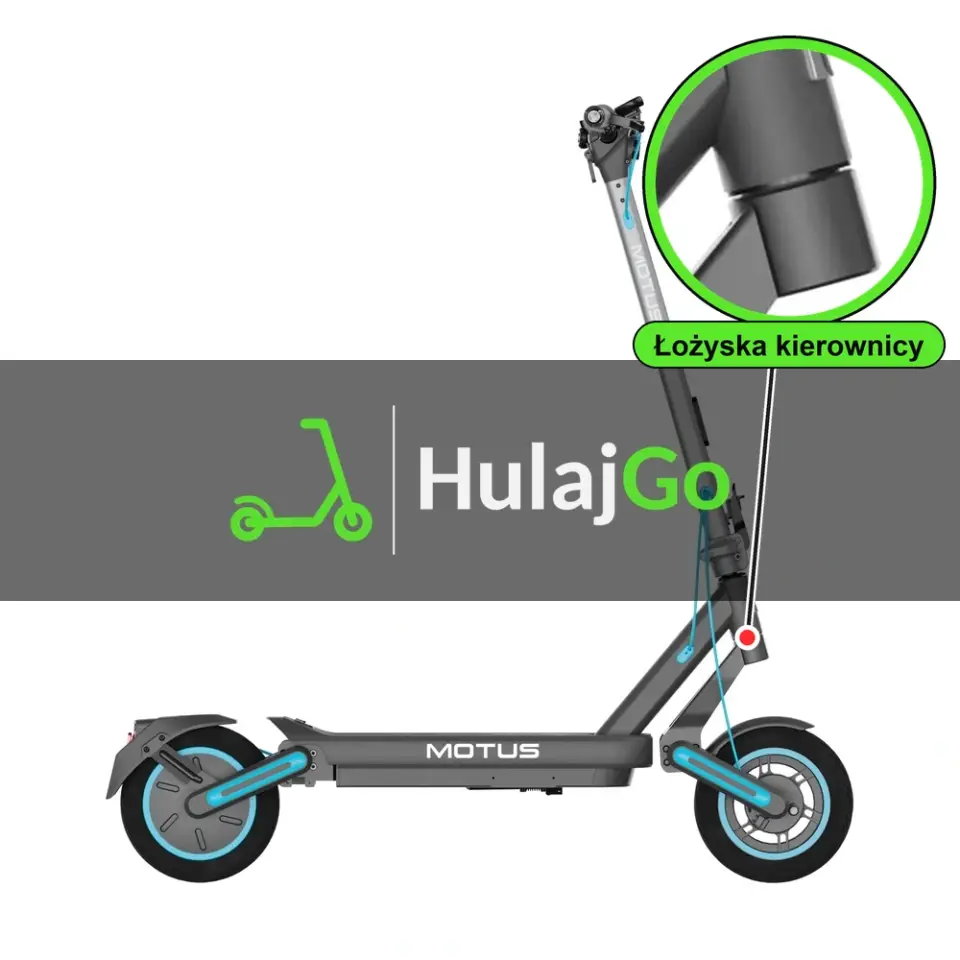 Motus Scooty 10 Max - w powiększeniu główka ramy z łożyskami kierownicy (wymiana łożysk kierownicy)