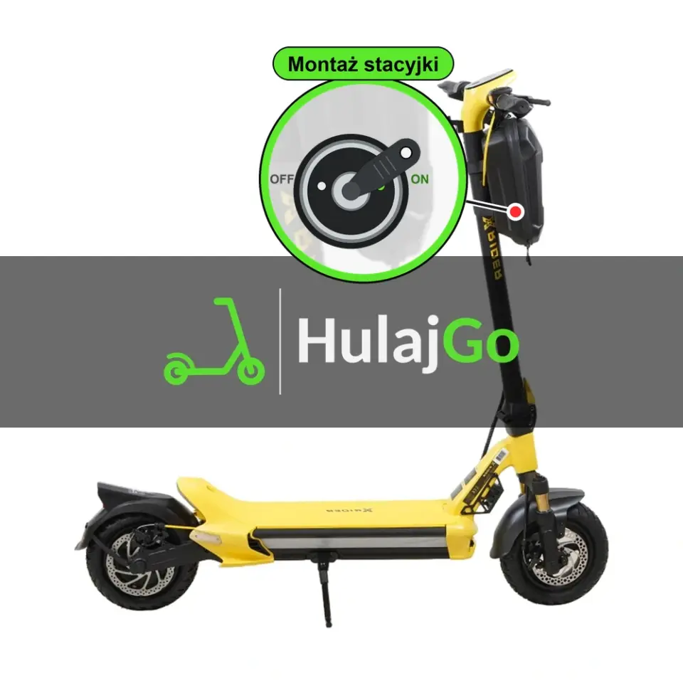 X-Rider MX10 Max - w powiększeniu stacyjka z kluczykiem na kolumnie kierownicy (montaż stacyjki)