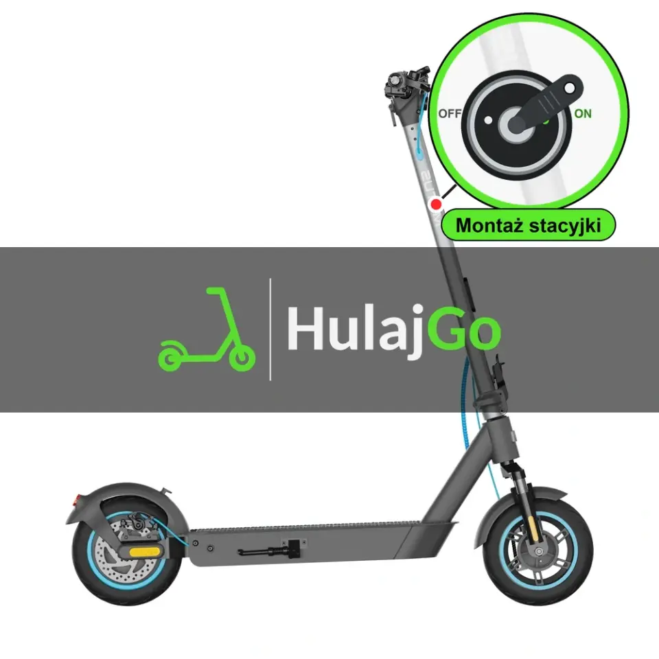 Motus Scooty 10 Pro - w powiększeniu stacyjka z kluczykiem na kolumnie kierownicy (montaż stacyjki)