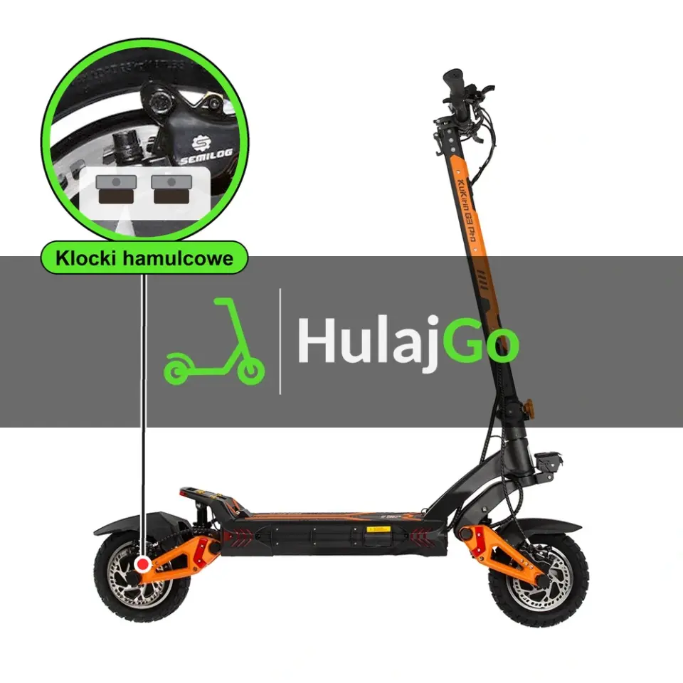 Kugoo Kirin G3 Pro - w powiększeniu zacisk z klockami hamulcowymi (wymiana klocków hamulcowych)