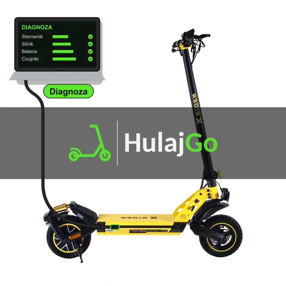 X-Rider F10 - laptop diagnostyczny podłączony przewodem do hulajnogi (diagnoza)
