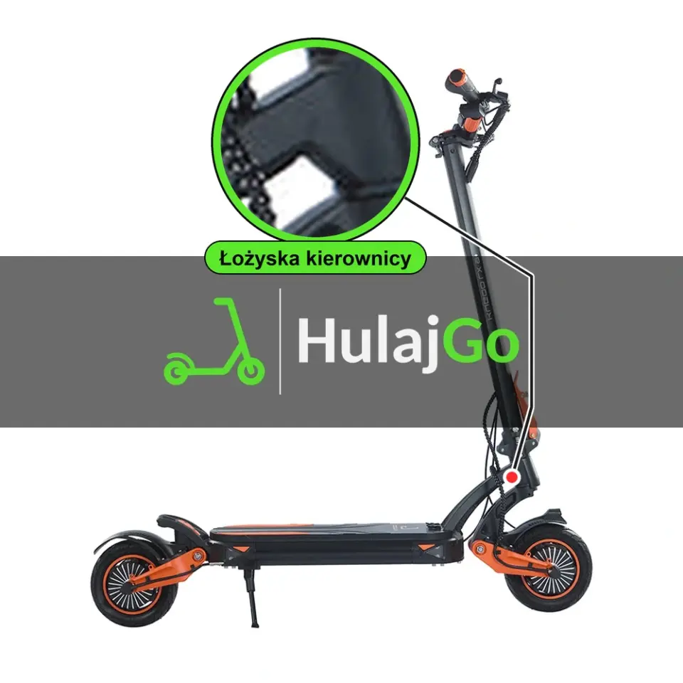 Kugoo LX9+ - w powiększeniu główka ramy z łożyskami kierownicy (wymiana łożysk kierownicy)