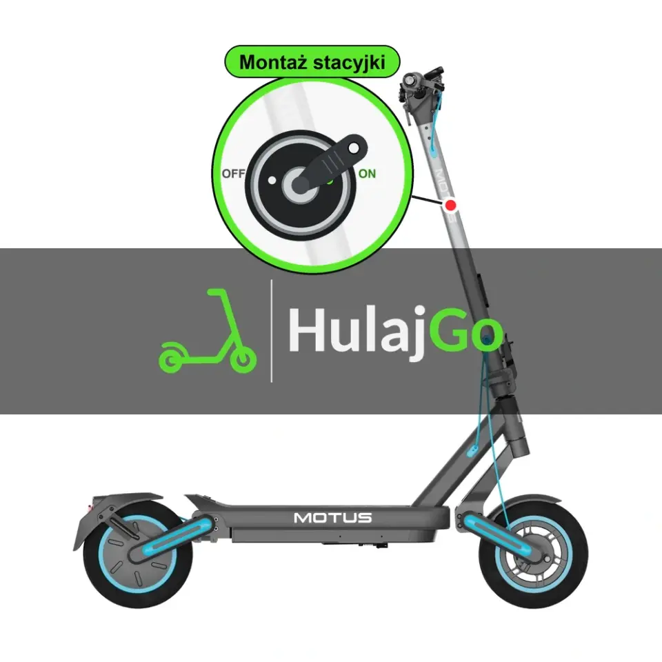 Motus Scooty 10 Max - w powiększeniu stacyjka z kluczykiem na kolumnie kierownicy (montaż stacyjki)