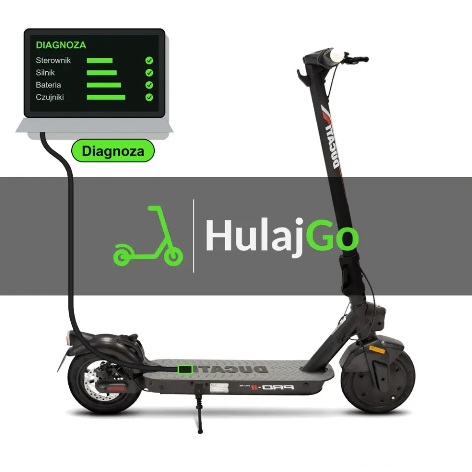 Ducati Pro-II Plus - laptop diagnostyczny podłączony przewodem do hulajnogi (diagnoza)