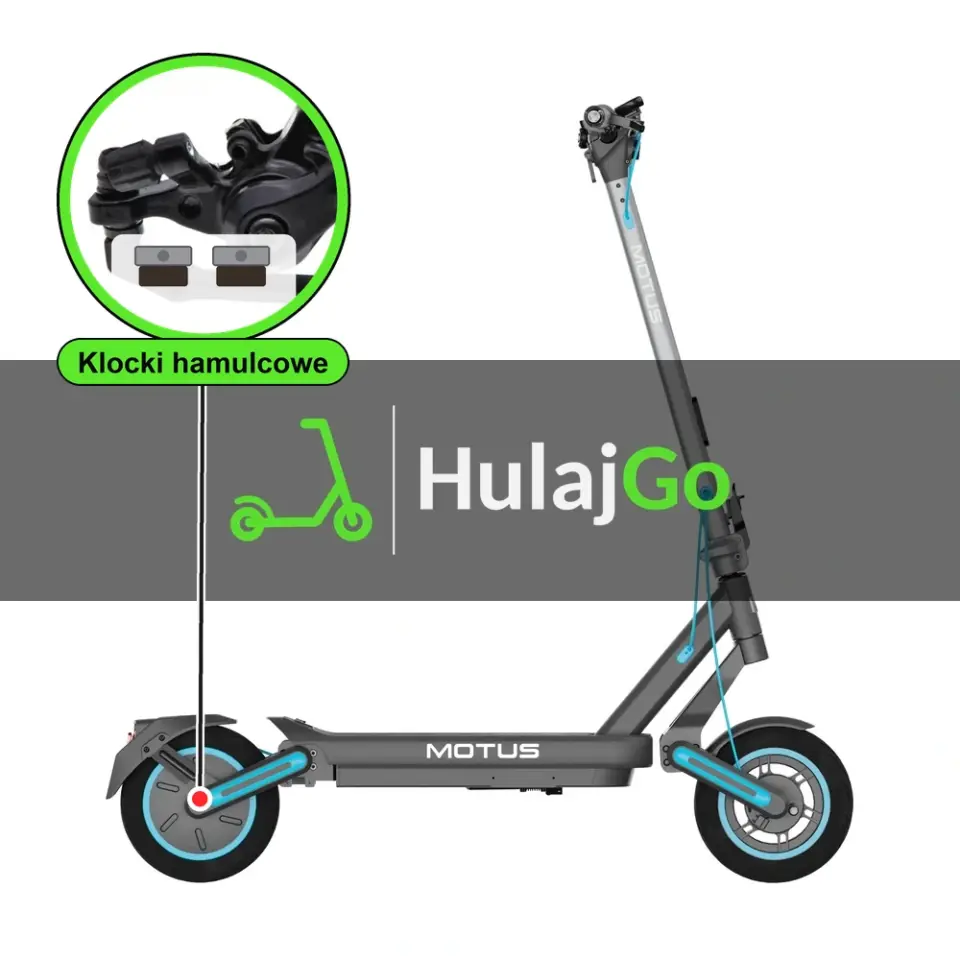 Motus Scooty 10 Max - w powiększeniu zacisk z klockami hamulcowymi (wymiana klocków hamulcowych)