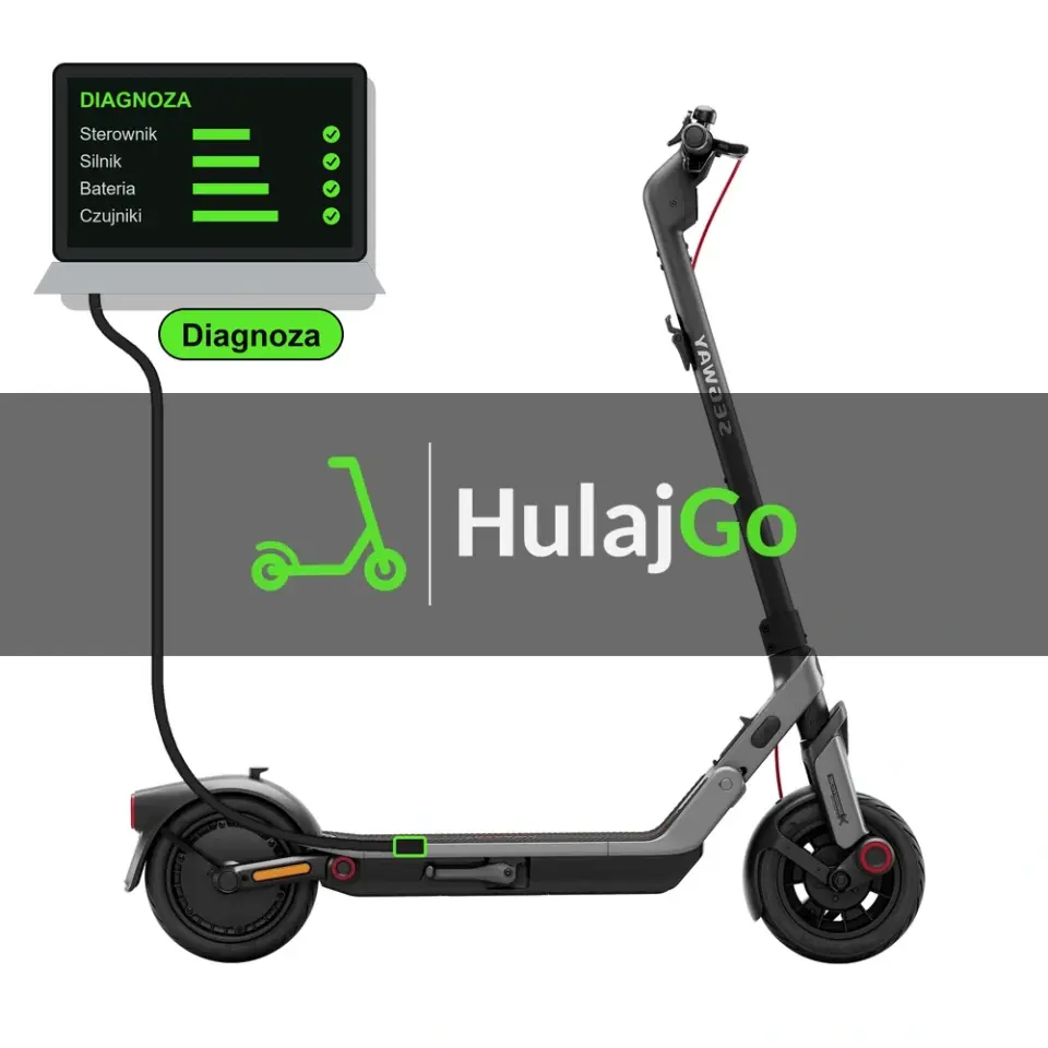 Segway E3 - laptop diagnostyczny podłączony przewodem do hulajnogi (diagnoza)