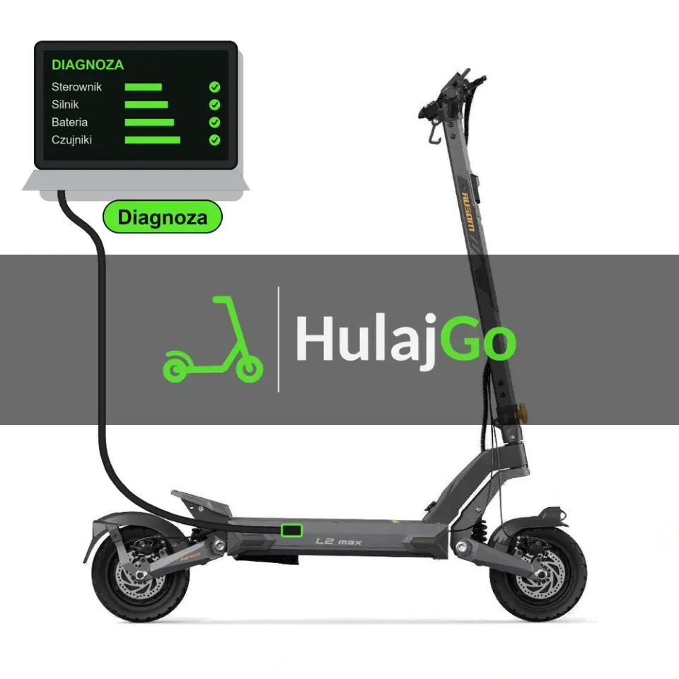 Ausom L2 Max Dual Motor - laptop diagnostyczny podłączony przewodem do hulajnogi (diagnoza)