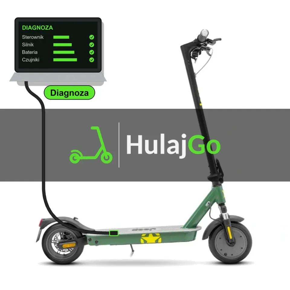 Jeep JAF Dual - laptop diagnostyczny podłączony przewodem do hulajnogi (diagnoza)