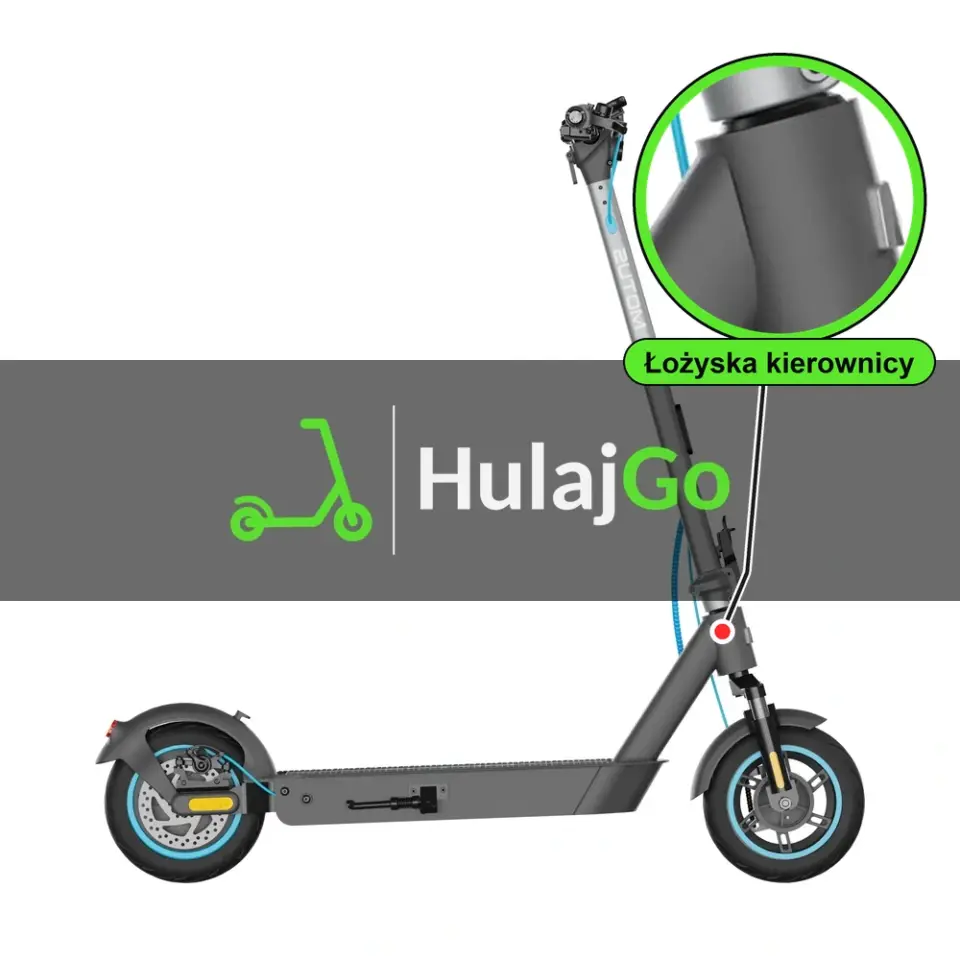 Motus Scooty 10 Pro - w powiększeniu główka ramy z łożyskami kierownicy (wymiana łożysk kierownicy)