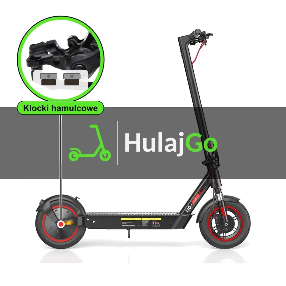 iScooter i10 Plus - w powiększeniu zacisk z klockami hamulcowymi (wymiana klocków hamulcowych)