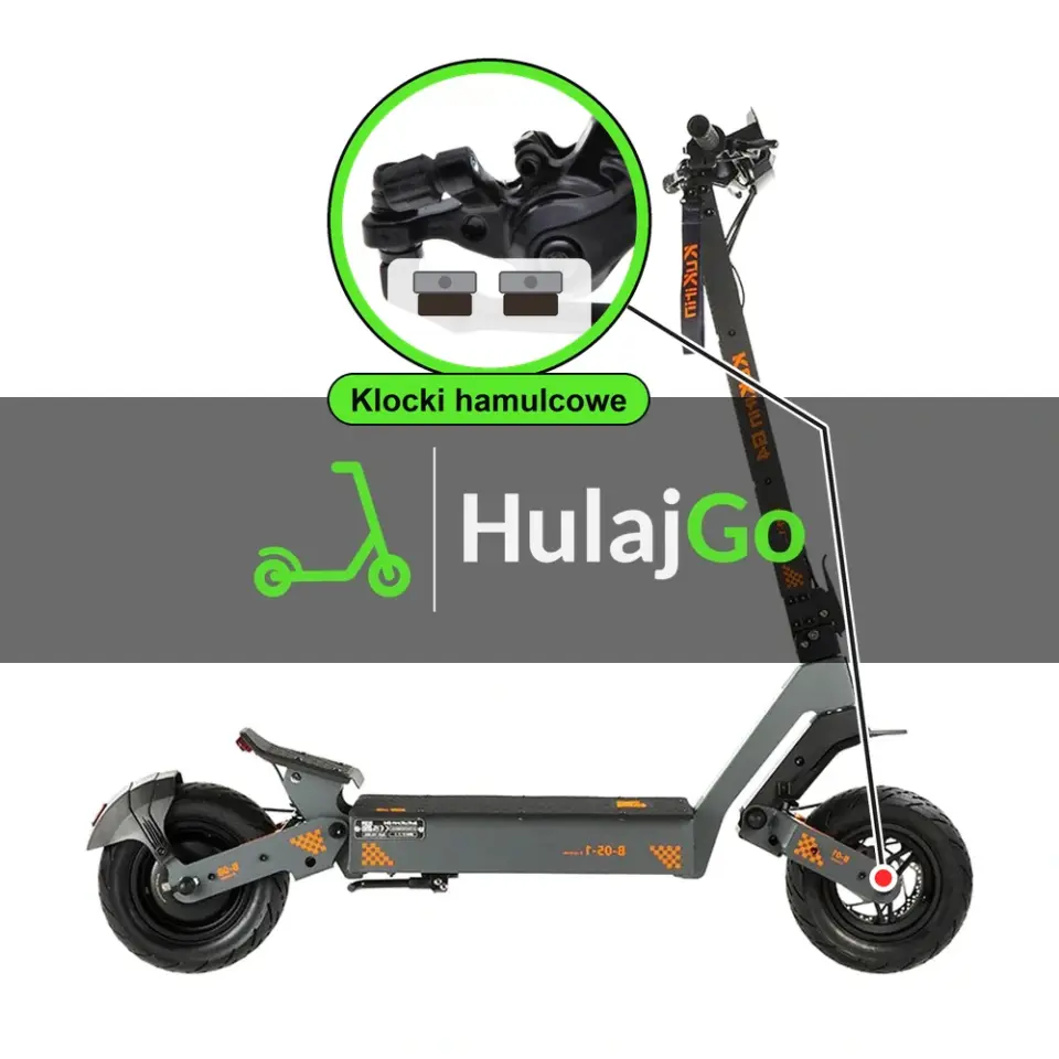Kukirin G4 - w powiększeniu zacisk z klockami hamulcowymi (wymiana klocków hamulcowych)