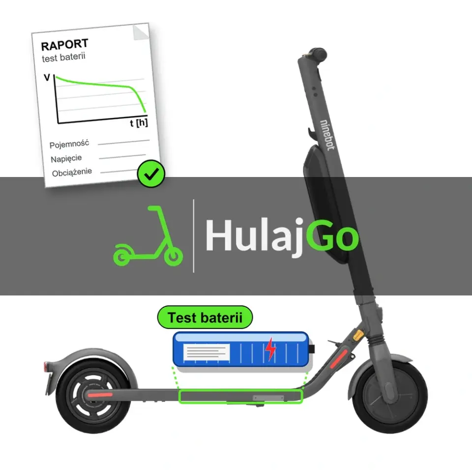 Segway E45 - niebieska bateria i papierowy raport z krzywą rozładowania (test baterii)