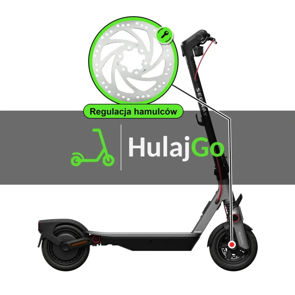 Segway F3 - w powiększeniu hamulec tarczowy (regulacja hamulców)