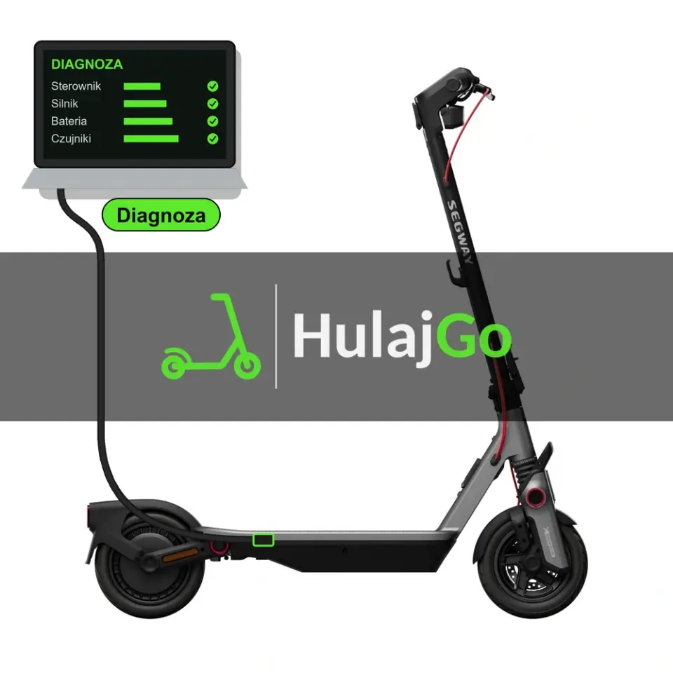 Segway F3 - laptop diagnostyczny podłączony przewodem do hulajnogi (diagnoza)