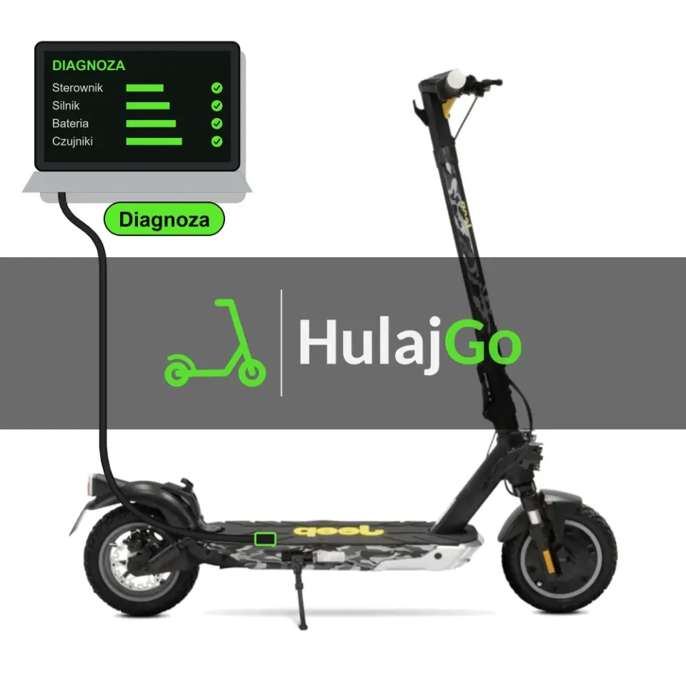 Jeep JUC Advance Safety - laptop diagnostyczny podłączony przewodem do hulajnogi (diagnoza)