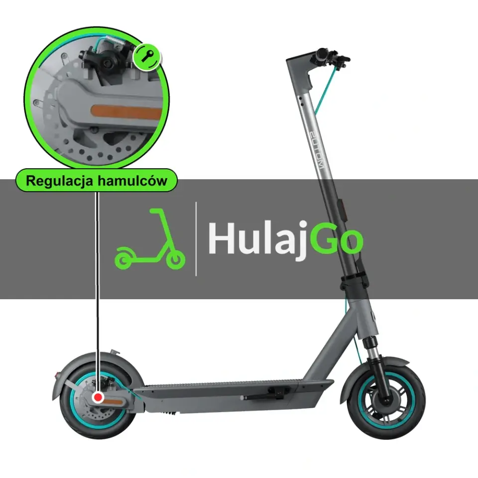 Motus Scooty 10 Plus - w powiększeniu hamulec tarczowy (regulacja hamulców)